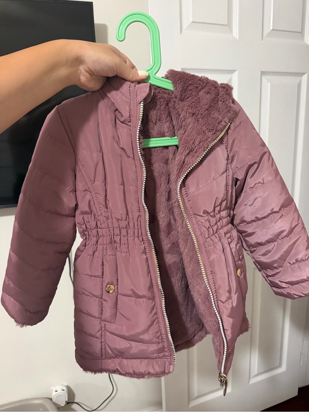 DKNY Mauve Pink Girls' Puffer Jacket with Faux Fur Lining